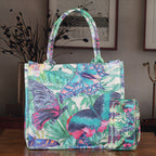 Set of 2 - Butterfly & Tropical Palm Print RFID Blocking Tote Bag & Cellphone Purse - Green & Multi_8479523_1