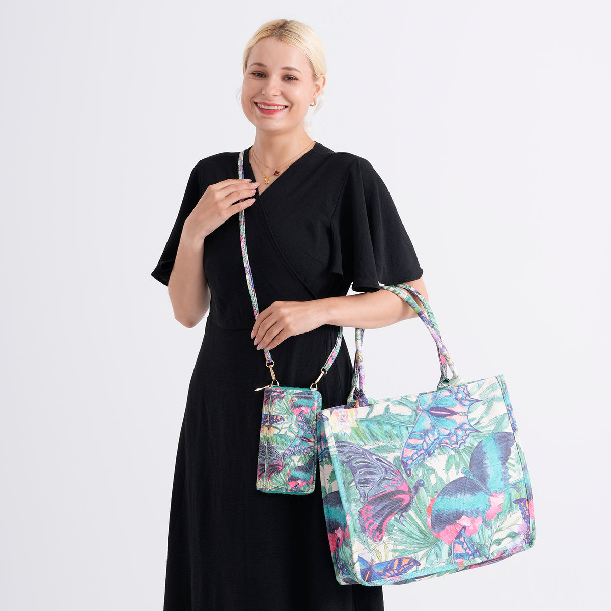 Set of 2 - Butterfly &amp; Tropical Palm Print RFID Blocking Tote Bag &amp; Cellphone Purse - Green &amp; Multi V32513543 3
