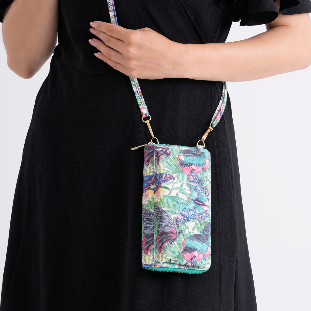 Set of 2 - Butterfly & Tropical Palm Print RFID Blocking Tote Bag & Cellphone Purse - Green & Multi_8479523_3