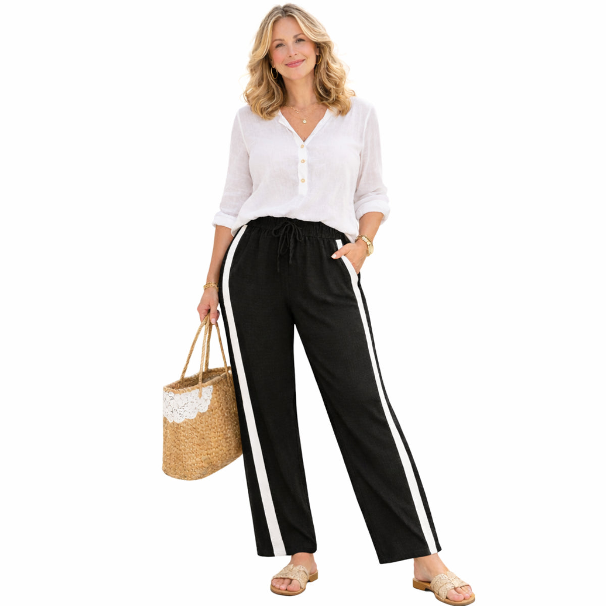 Pure And Natural Ladies Striped Trousers (Size M) - Black &amp; Off White V32515988 0
