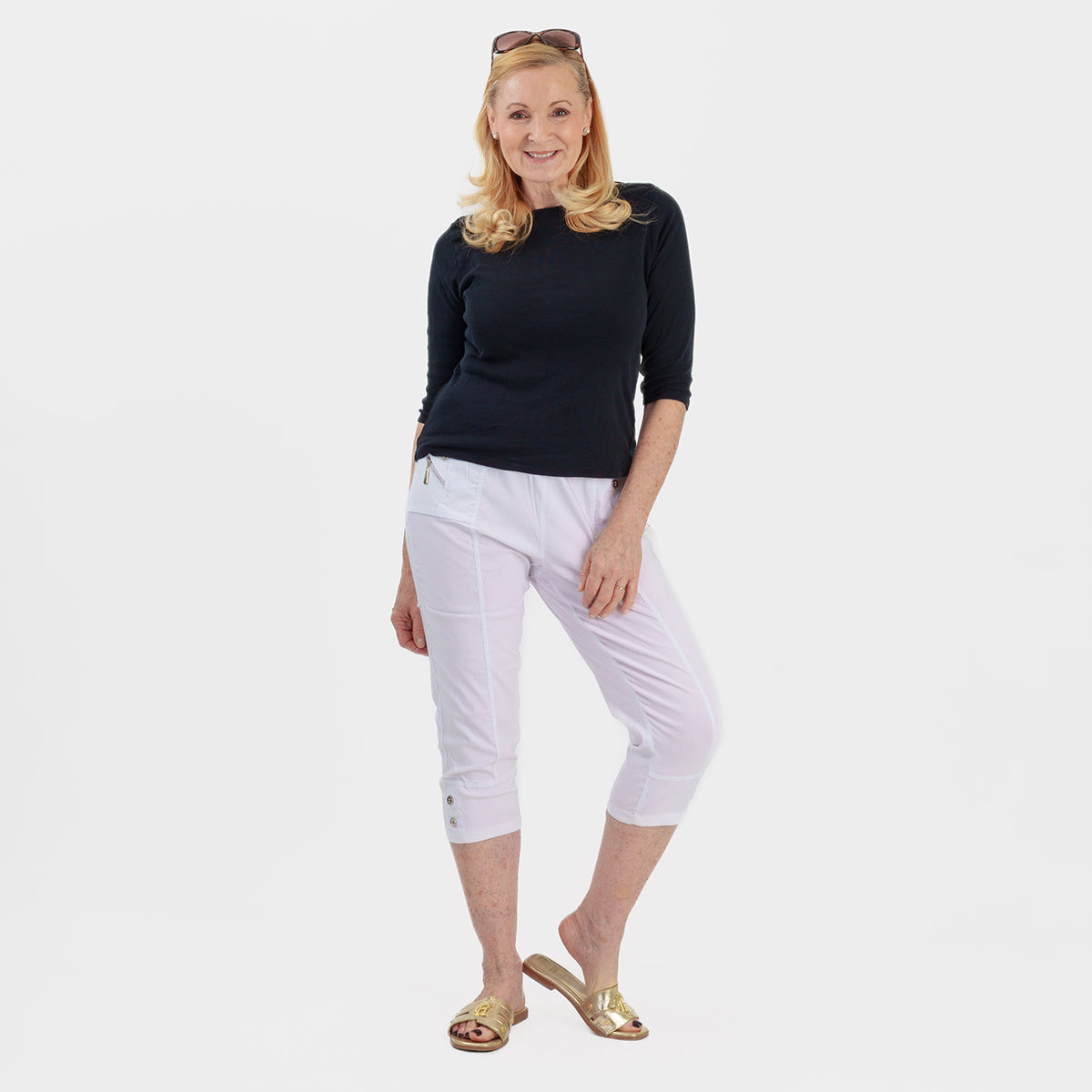 Pure and Natural Elasticated Waist Cropped Stretched Trousers with 20Inch Inseam (Size 16) - White V32565850 1