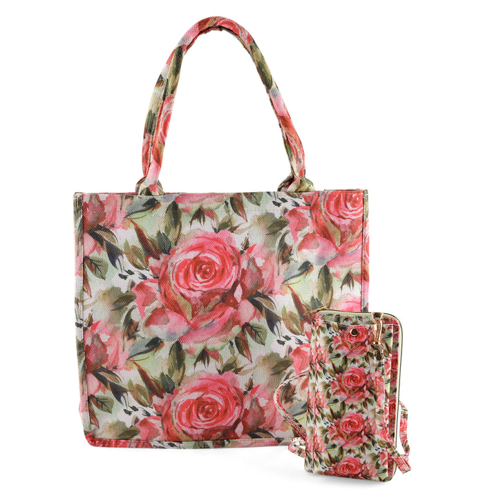 Set of 2 - Butterfly &amp; Tropical Palm Print RFID Blocking Tote Bag &amp; Cellphone Purse - Green &amp; Multi 8479523 1