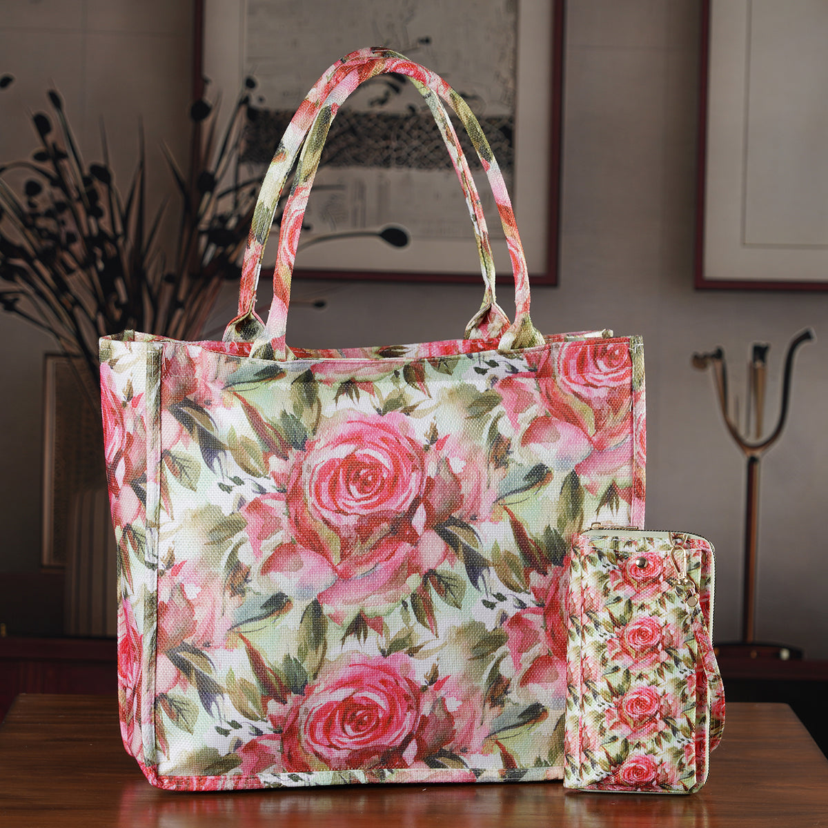 Set of 2 - Red Rose Print RFID Blocking Tote Bag &amp; Cellphone Purse - Multicolour 8479746 2