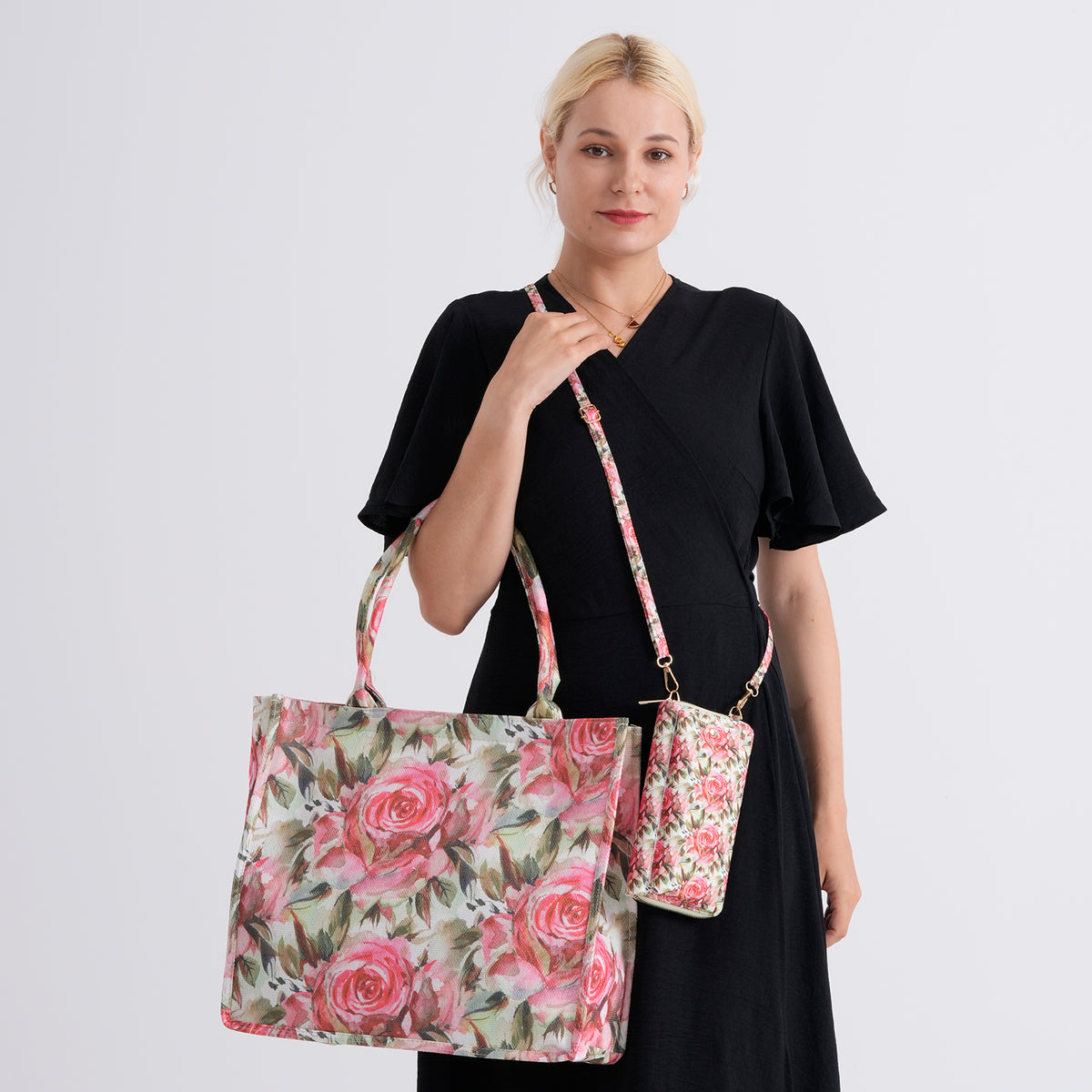 Set of 2 - Red Rose Print RFID Blocking Tote Bag &amp; Cellphone Purse - Multicolour 8479746 3