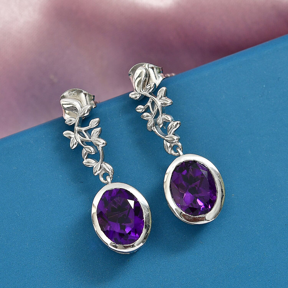 D'Joy -  AAA African Amethyst Solitaire floral Vine Earring with Push Back in Platinum Overlay Sterling Silver 5.05 Ct. V32754271 2