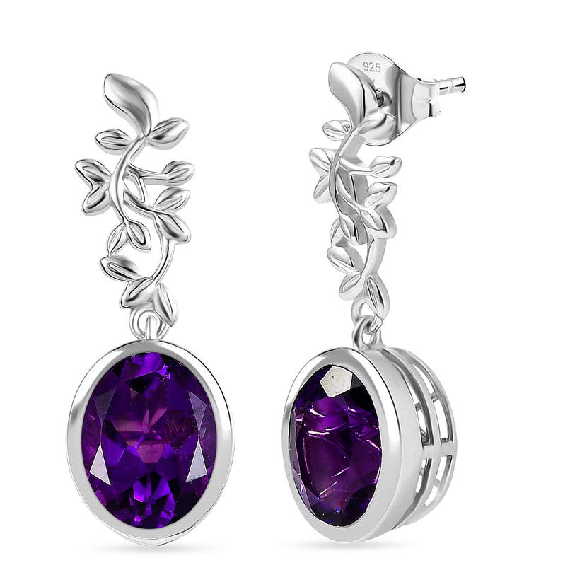 D'Joy -  AAA African Amethyst Solitaire floral Vine Earring with Push Back in Platinum Overlay Sterling Silver 5.05 Ct._8480190