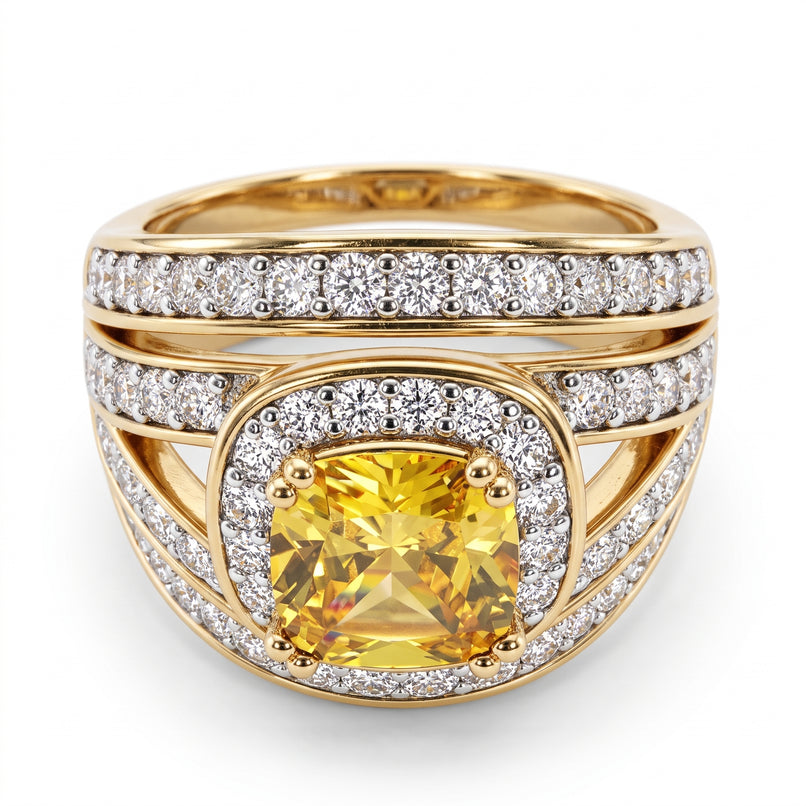 Cushion Cut Canary Yellow & White Cubic Zirconia Ring in Yellow Gold Tone_8480291