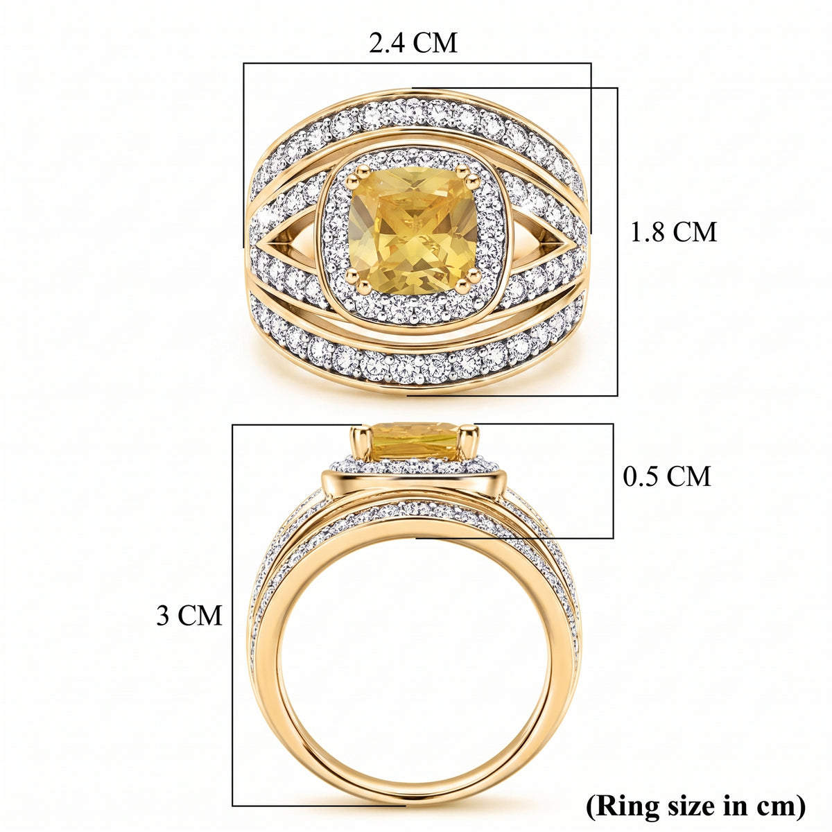 Cushion Cut Canary Yellow &amp; White Cubic Zirconia Ring in Yellow Gold Tone V32602986 8