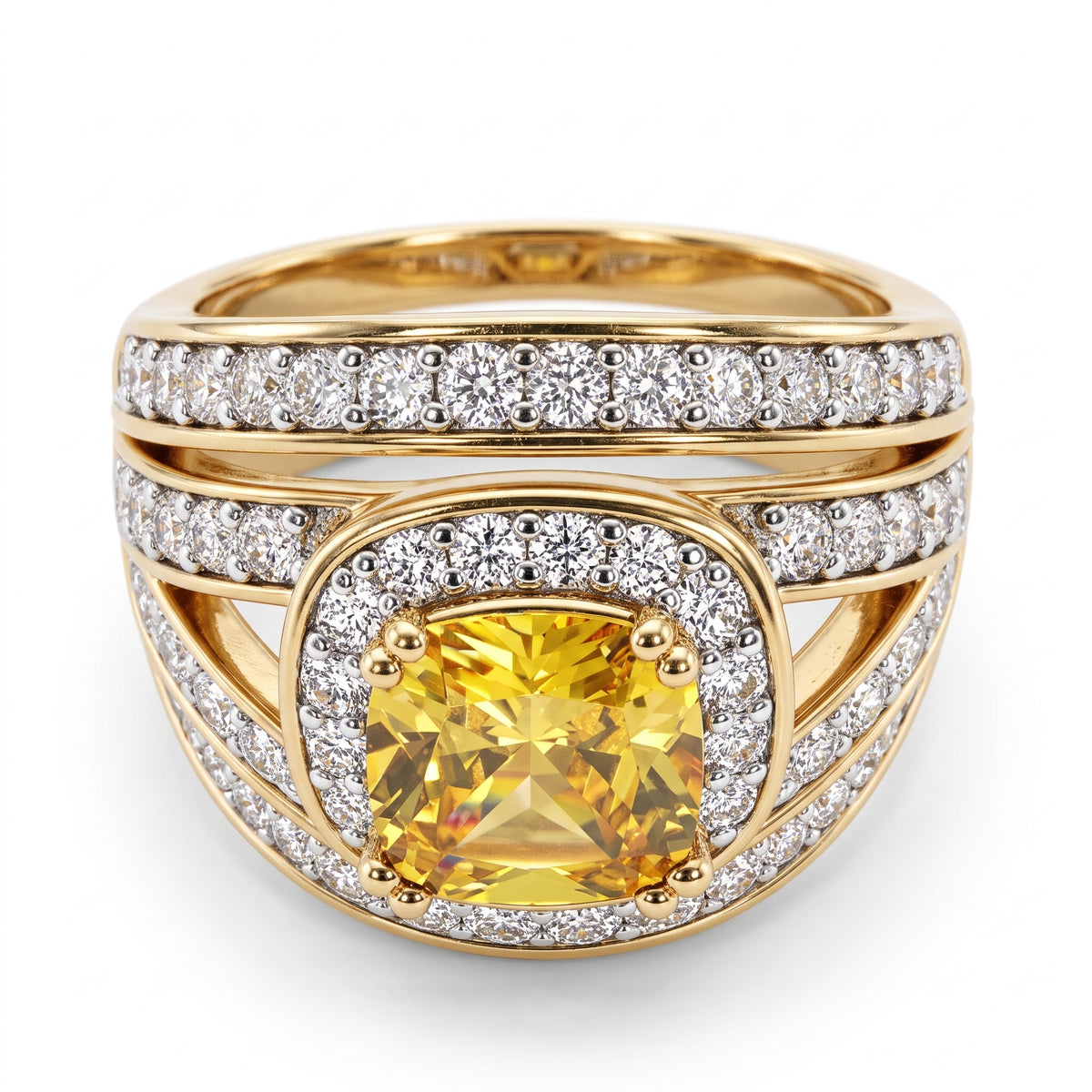 Cushion Cut Canary Yellow &amp; White Cubic Zirconia Ring in Yellow Gold Tone V32518358 0