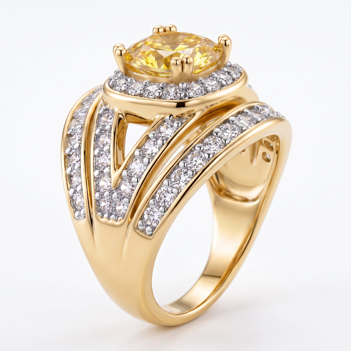 Cushion Cut Canary Yellow &amp; White Cubic Zirconia Ring in Yellow Gold Tone V32518358 4
