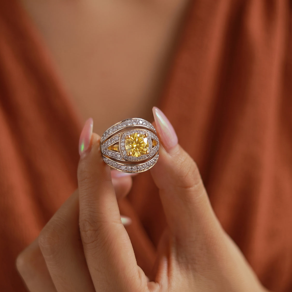 Cushion Cut Canary Yellow &amp; White Cubic Zirconia Ring in Yellow Gold Tone V32518358 5