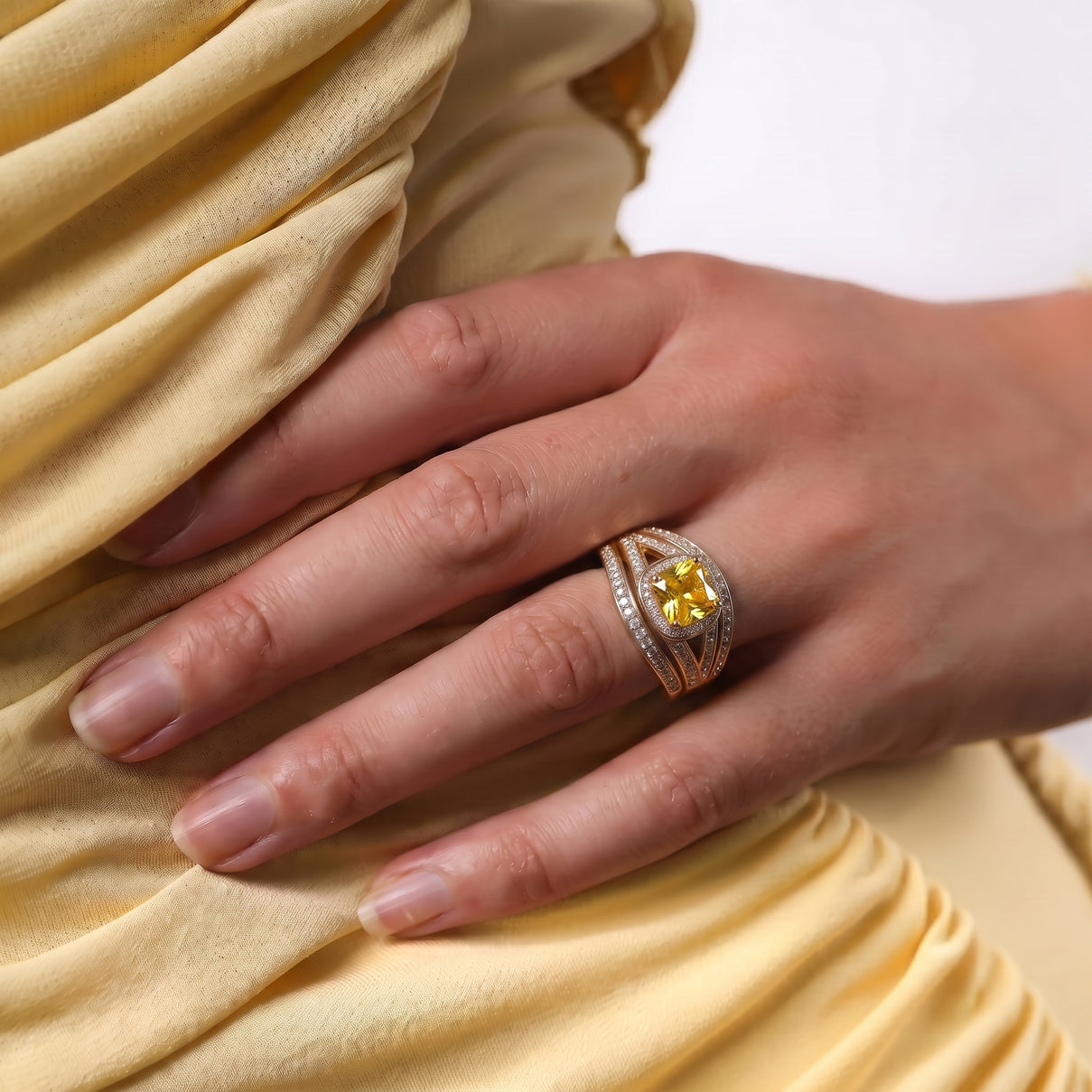Cushion Cut Canary Yellow &amp; White Cubic Zirconia Ring in Yellow Gold Tone V32518358 6
