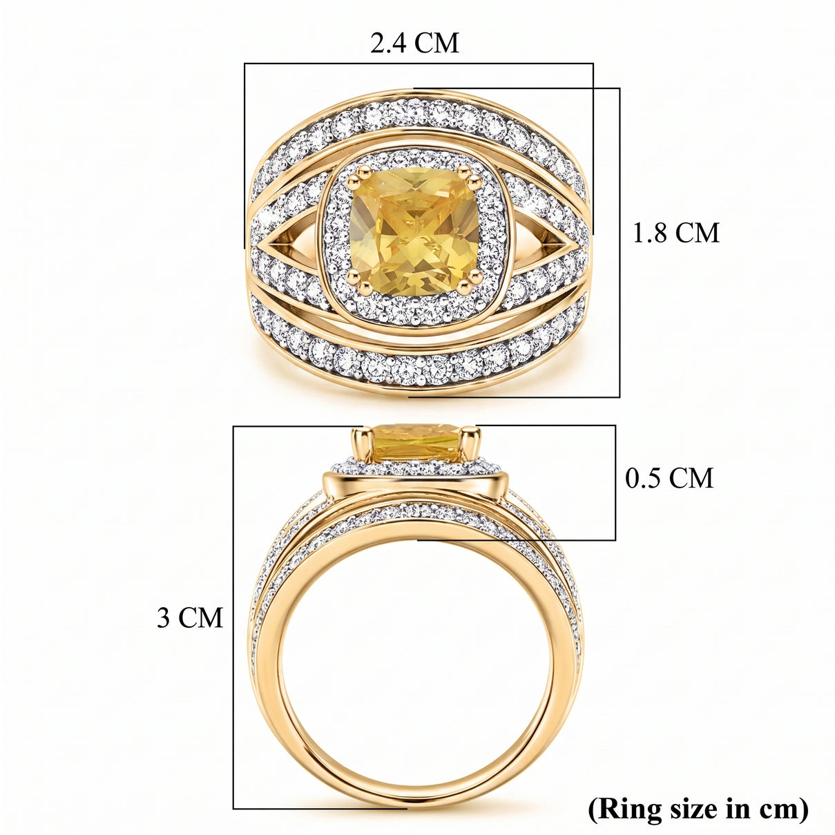 Cushion Cut Canary Yellow &amp; White Cubic Zirconia Ring in Yellow Gold Tone V32518358 8