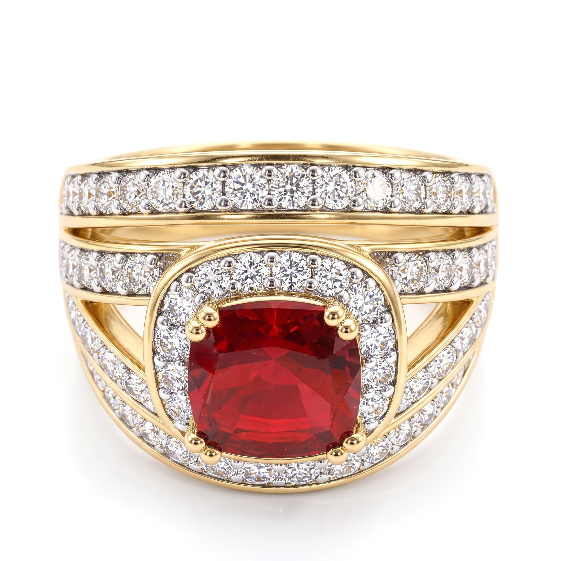 Ruby Colour Cubic Zirconia &amp; White Cubic Zirconia Ring in Yellow 1.50 Ct. V32518708 0