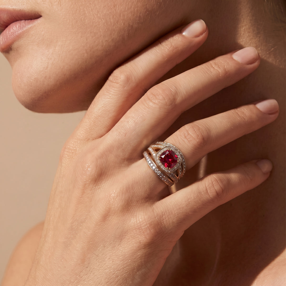 Ruby Colour Cubic Zirconia &amp; White Cubic Zirconia Ring in Yellow 1.50 Ct. V32612693 3
