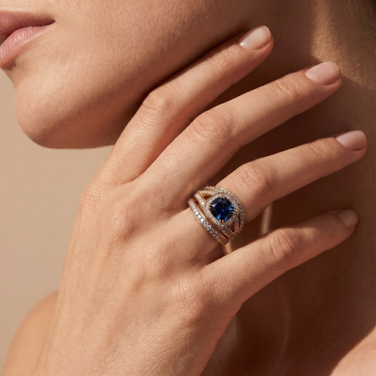 Cushion Cut Sapphire Colour Cubic Zirconia &amp; White Cubic Zirconia Halo Ring V32517763 2