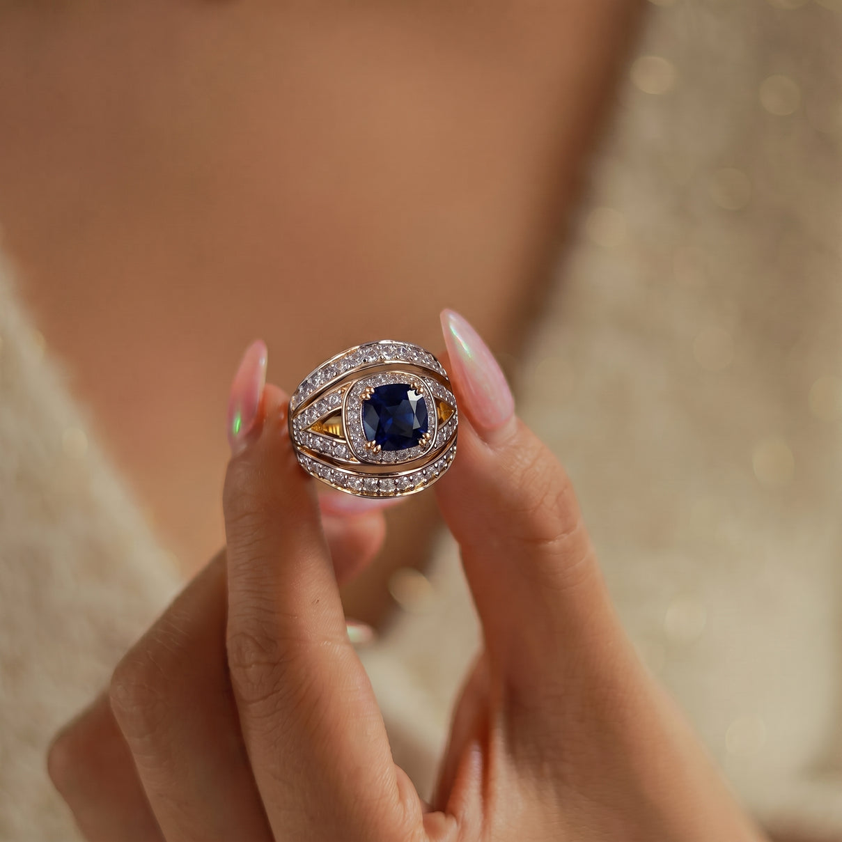 Cushion Cut Sapphire Colour Cubic Zirconia &amp; White Cubic Zirconia Halo Ring V32517763 5