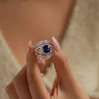 Cushion Cut Sapphire Colour Cubic Zirconia & White Cubic Zirconia Halo Ring_8480306_4