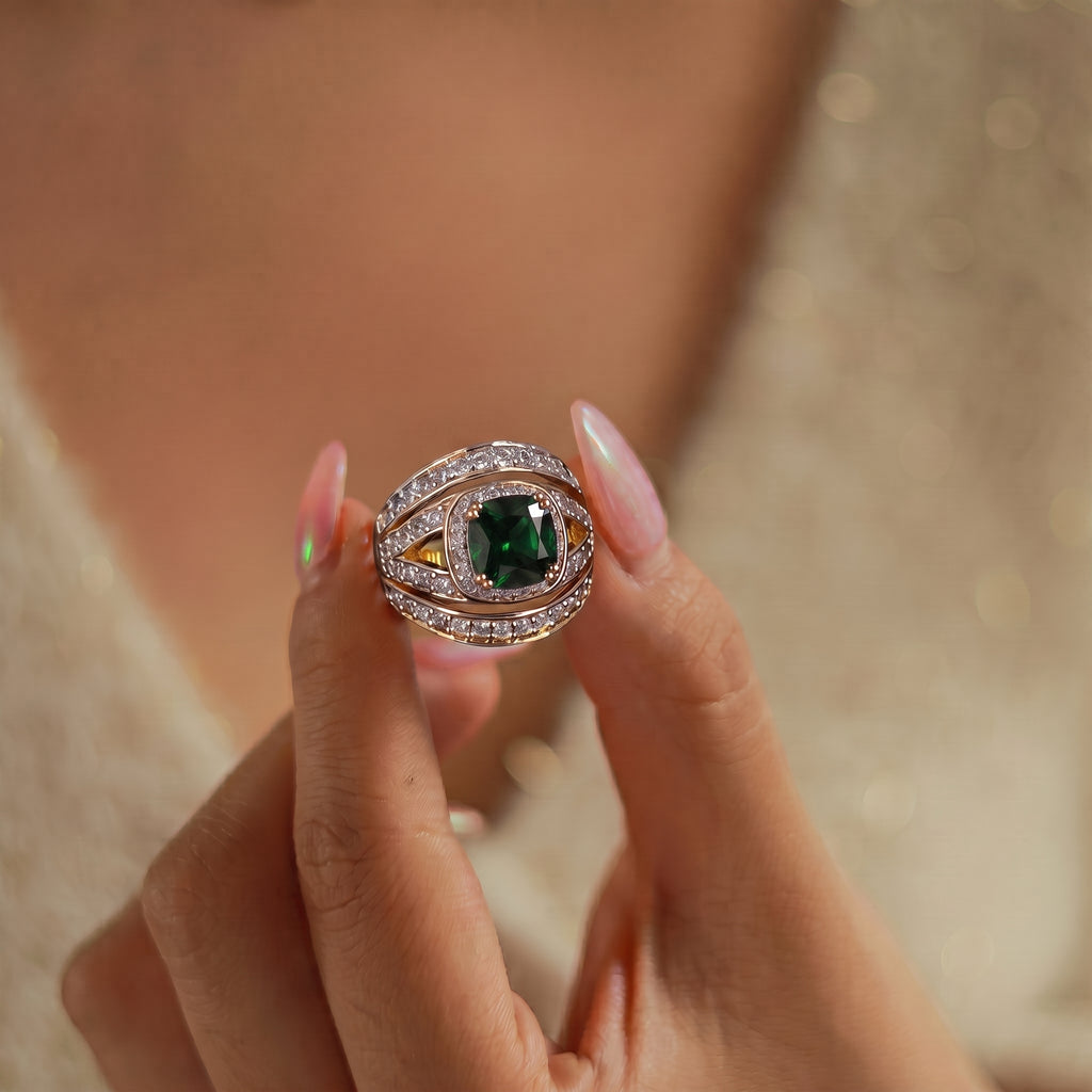 White Cubic Zirconia & Green Cubic Zirconia Halo Ring in Yellow Gold Tone 1.50 Ct._8480318_4