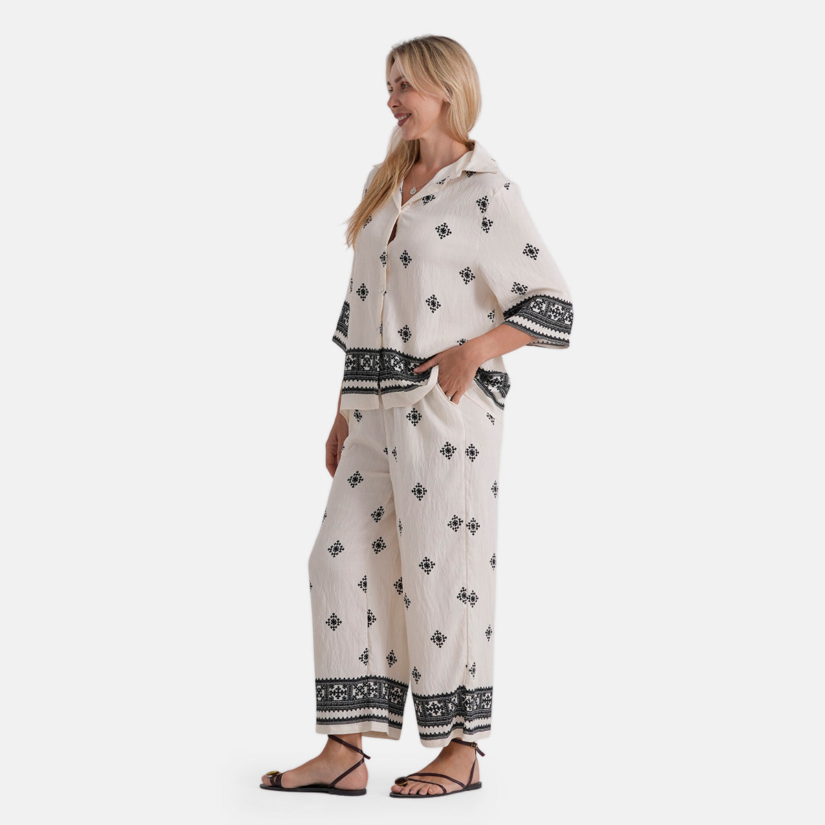 La Marey Placement Print Trousers (Size S/M, 8 To 14) - Cream &amp; Black V32556718 4