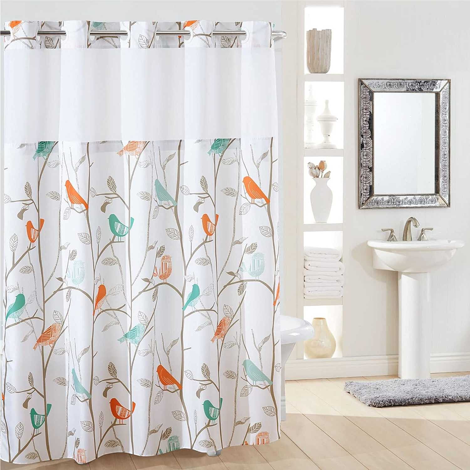 Bird Patterned Fabric Shower Curtain (180 x 188 cm) - White with Multi Colour V32348906 0