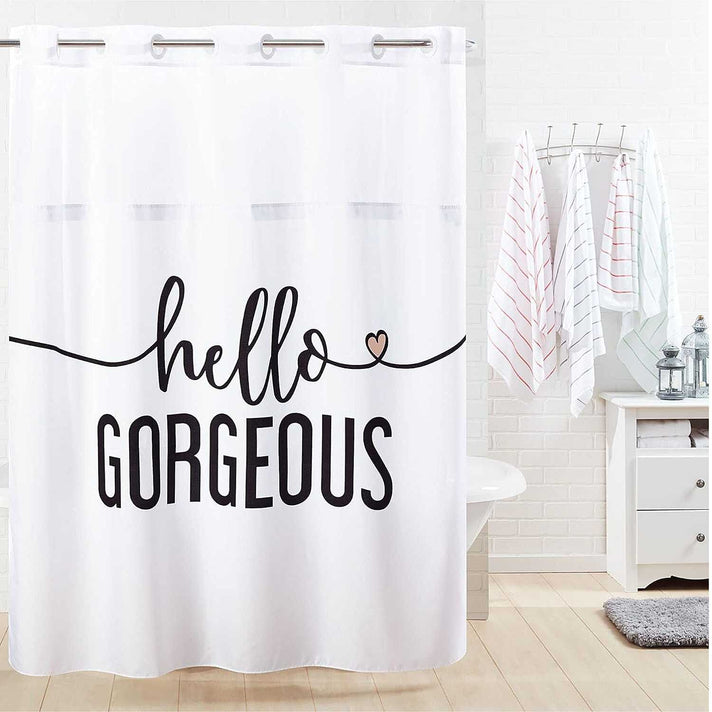 Hello Gorgeous White Fabric Shower Curtain - White with Black V32368879 1