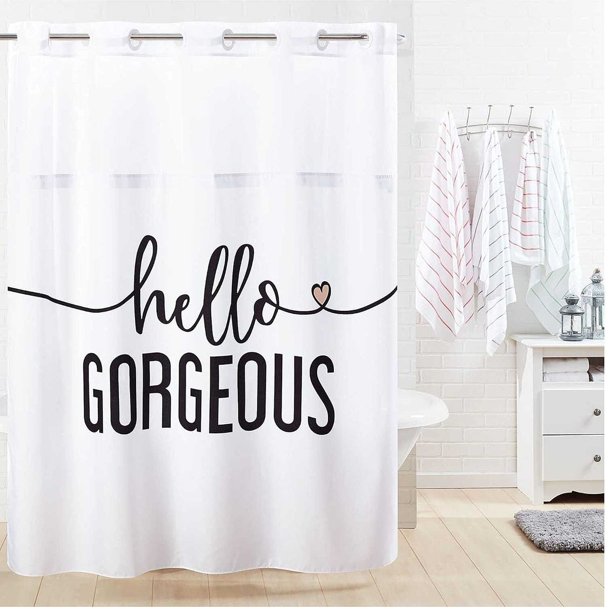 Hello Gorgeous White Fabric Shower Curtain - White with Black V32351776 0