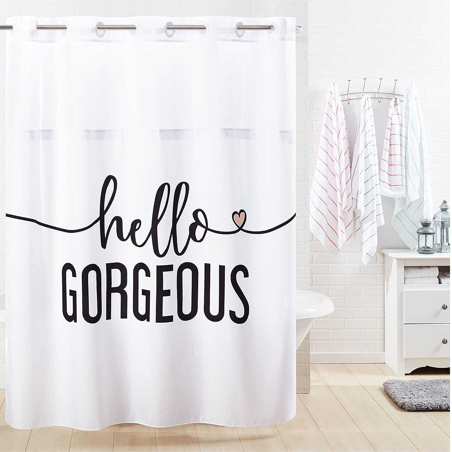Hello Gorgeous White Fabric Shower Curtain - White with Black V32350915 0