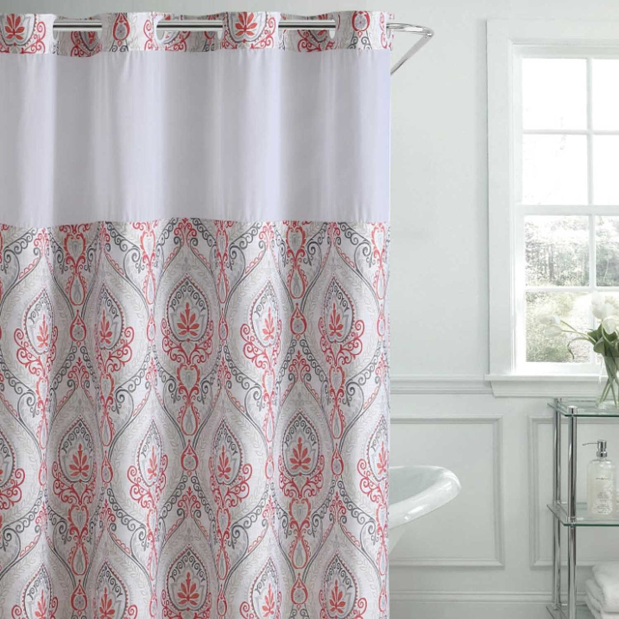 Coral French Damask Fabric Shower Curtain (180 x 188 cm) - White Red with Multi Colour Print 8480669 0