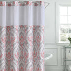 Coral French Damask Fabric Shower Curtain (180 x 188 cm) - White Red with Multi Colour Print