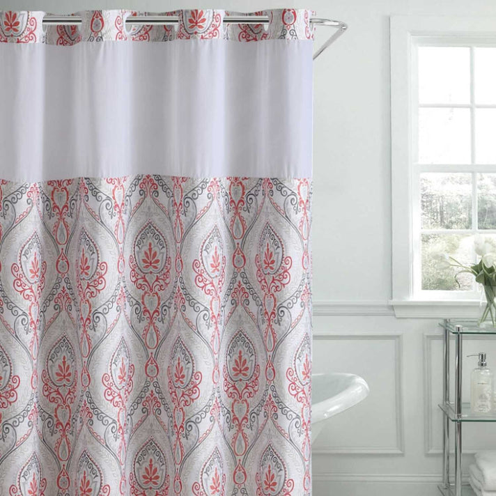 Coral French Damask Fabric Shower Curtain (180 x 188 cm) - White Red with Multi Colour Print 8480669 1