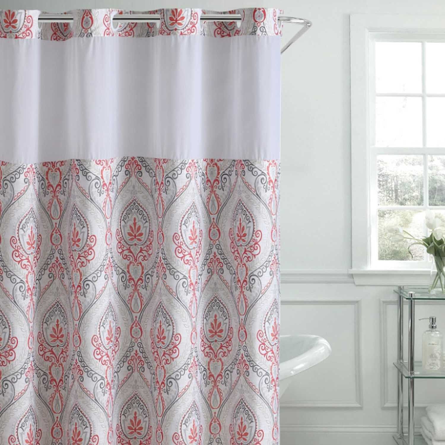 Coral French Damask Fabric Shower Curtain (180 x 188 cm) - White Red with Multi Colour Print V32365618 0