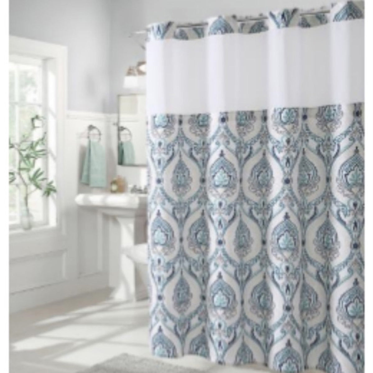 Blue French Damask Fabric Shower Curtain (180 x 188 cm) - White Grey with Multi Colour Print V32512774 0