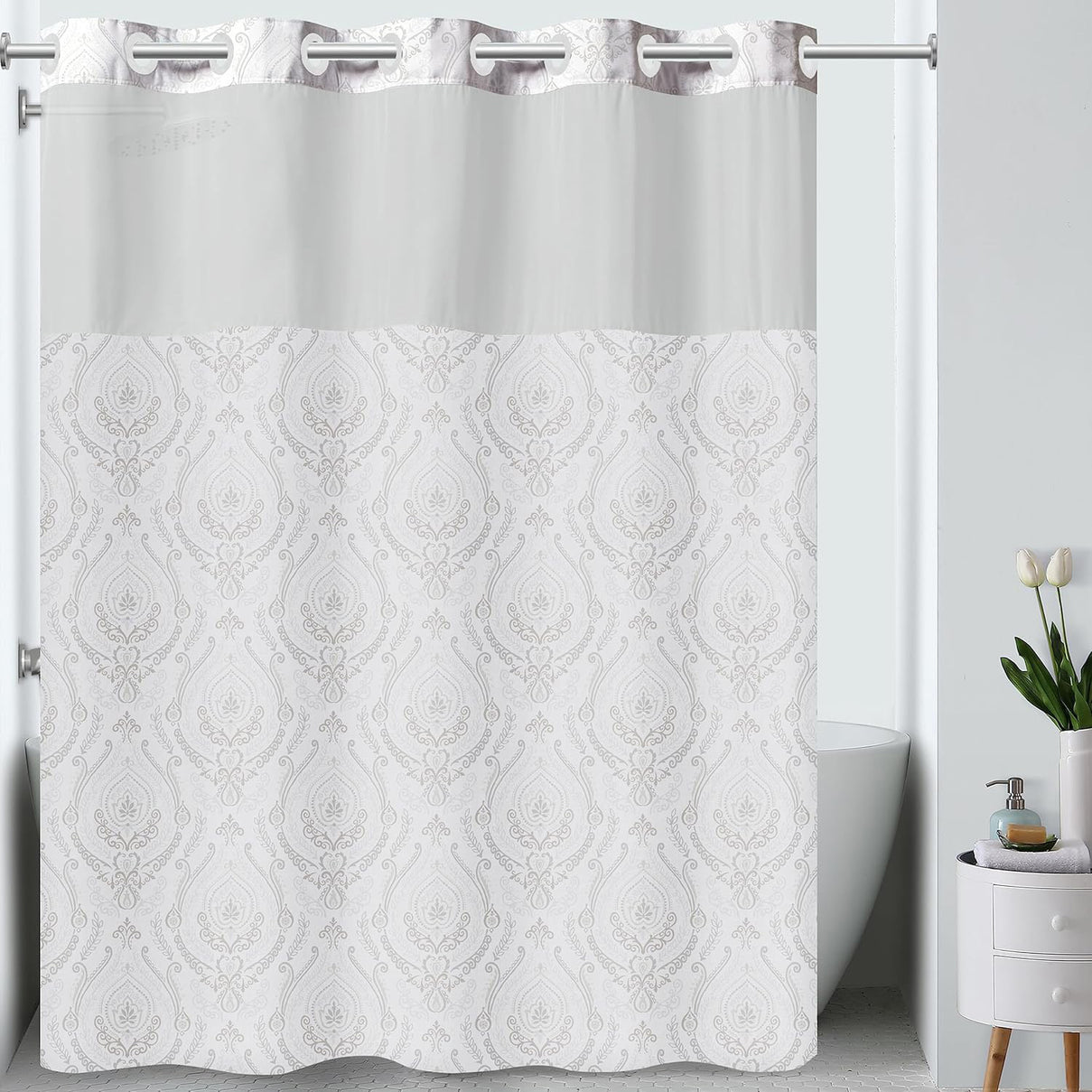 Blue French Damask Fabric Shower Curtain (180 x 188 cm) - White Grey with Multi Colour Print V32512774 1