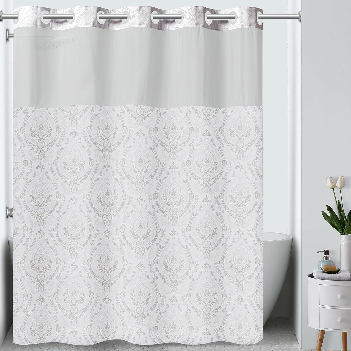 Blue French Damask Fabric Shower Curtain (180 x 188 cm) - White Grey with Multi Colour Print V32512774 1