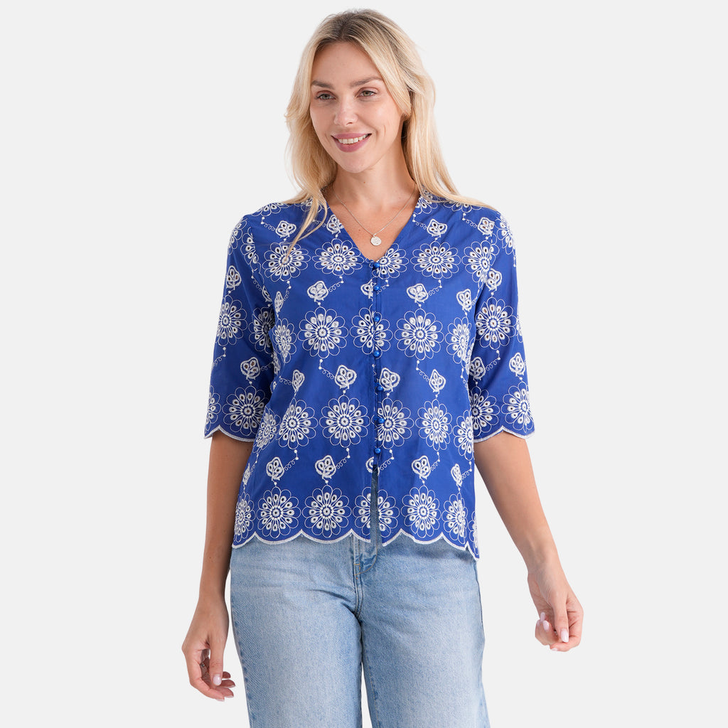 La Marey Embroidered V-Neck Blouse (Size XL, 20-22) - Blue_8480974