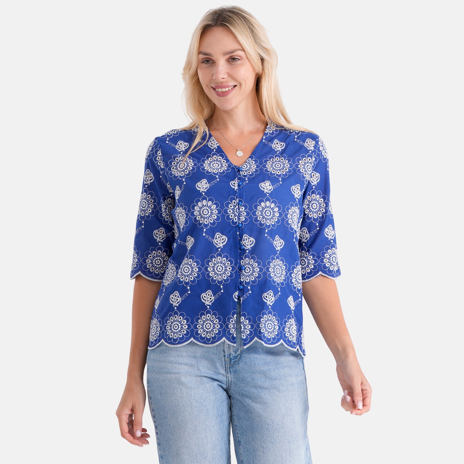La Marey Embroidered V-Neck Blouse (Size XL, 20-22) - Blue V32528577 0
