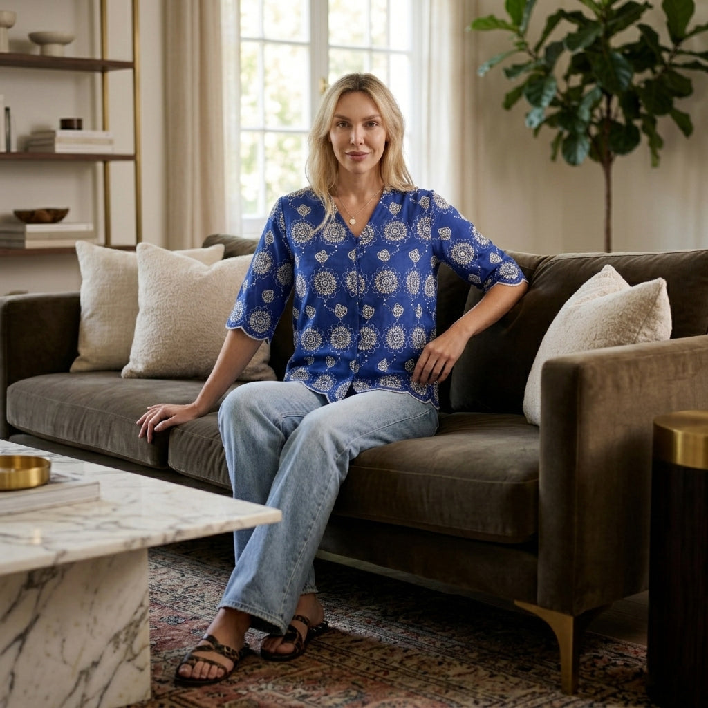 La Marey Embroidered V-Neck Blouse (Size XL, 20-22) - Blue V32528577 2