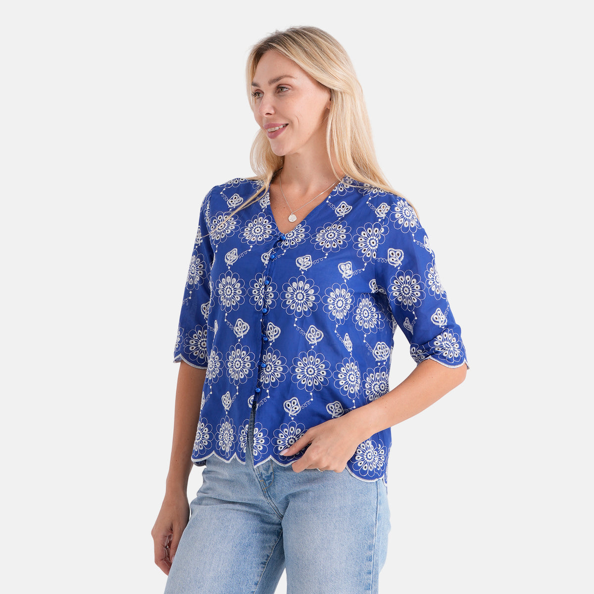La Marey Embroidered V-Neck Blouse (Size XL, 20-22) - Blue V32528577 4