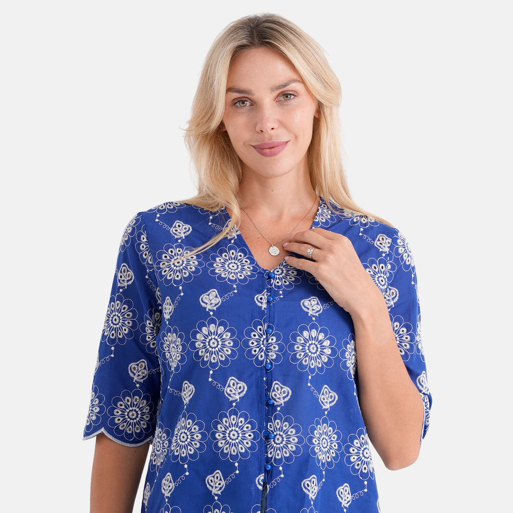La Marey Embroidered V-Neck Blouse (Size XL, 20-22) - Blue_8480974_4