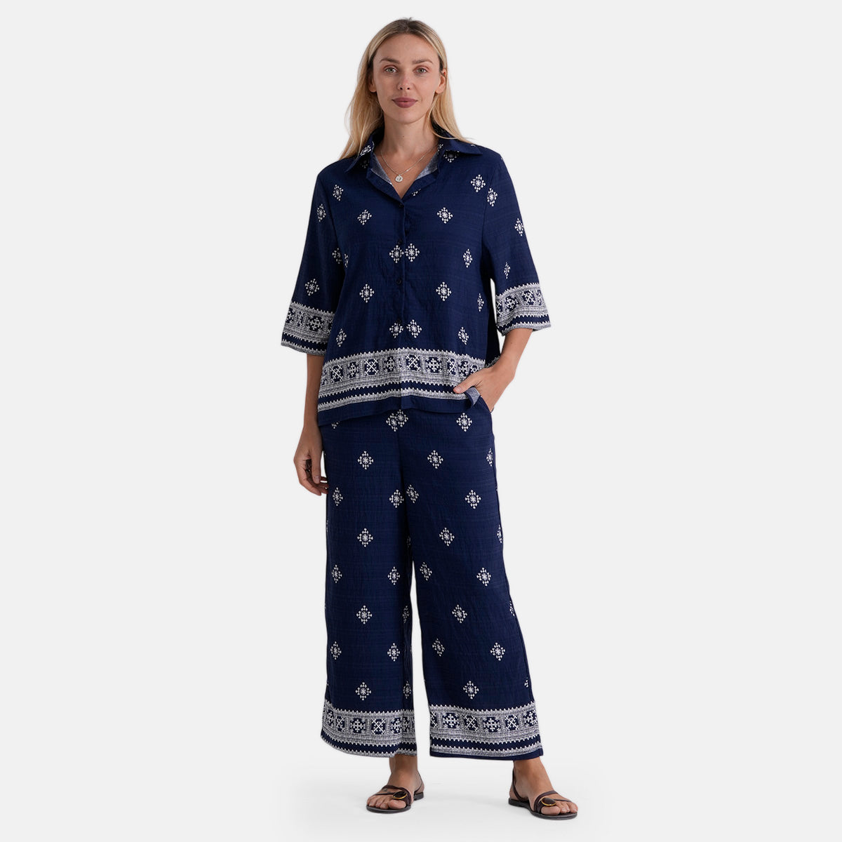 La Marey Placement Print Long-Sleeve Shirt (Size S/M, 8 To 14) - Dark Blue &amp; White V32553242 0