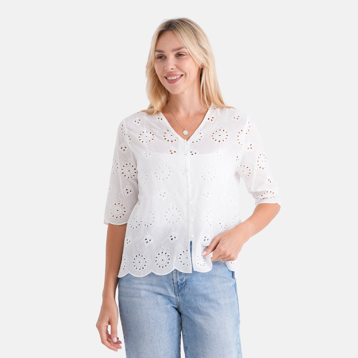 La Marey Embroidered V-Neck Blouse (Size S, 8-10) - White V32617361 0