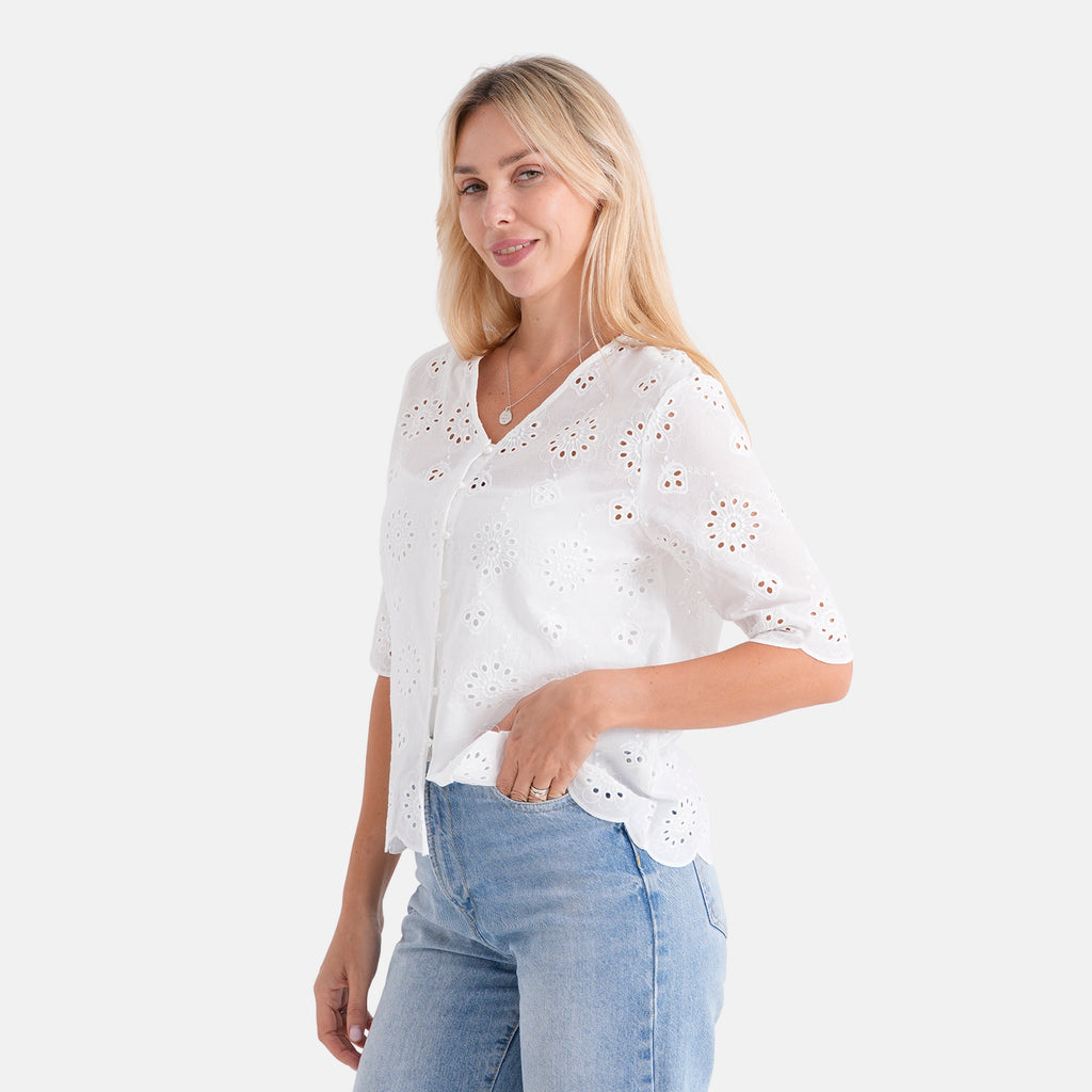 La Marey Embroidered V-Neck Blouse (Size S, 8-10) - White_8481014_3
