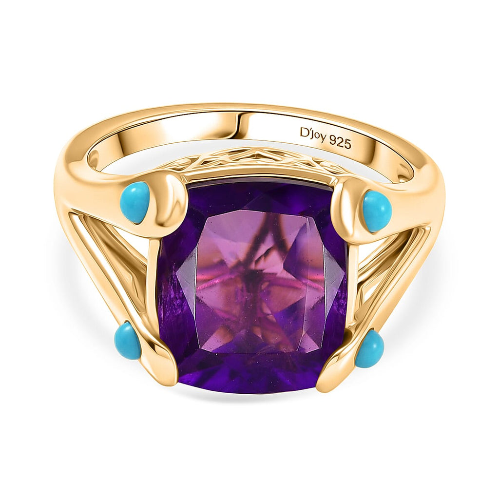 D'Joy African Amethyst & Sleeping Beauty Turquoise Cushion-Cut Solitaire Ring in Yellow Gold Plated Sterling Silver 5.51 Ct._8481048