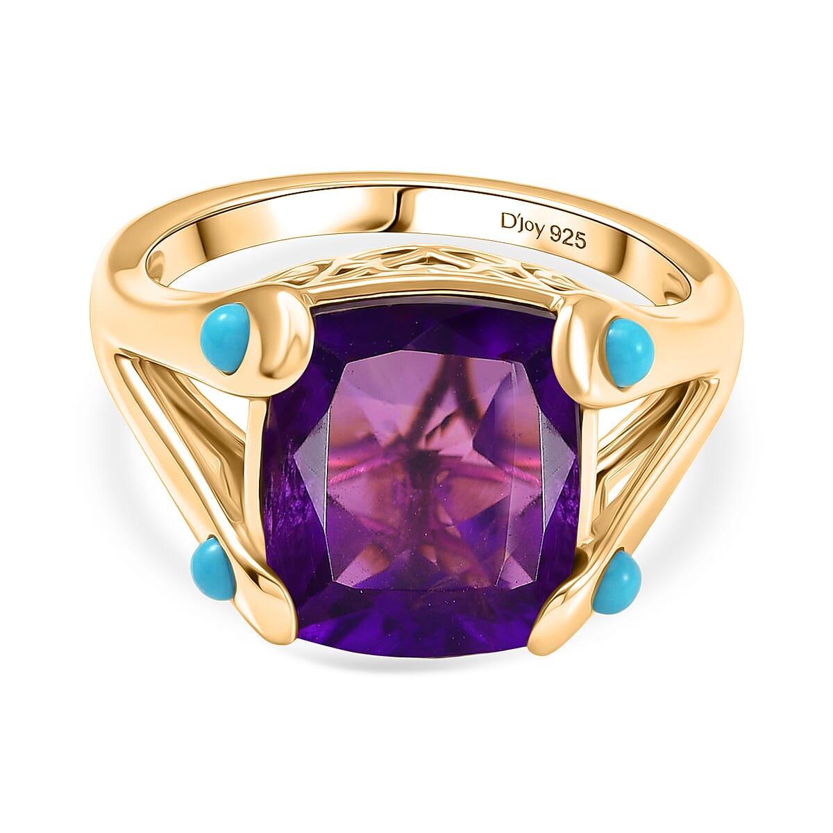 D'Joy African Amethyst, Sleeping Beauty Turquoise Cushion-Cut Solitaire Ring in Yellow Gold Plated Sterling Silver 5.51 Ct. V32538234 0