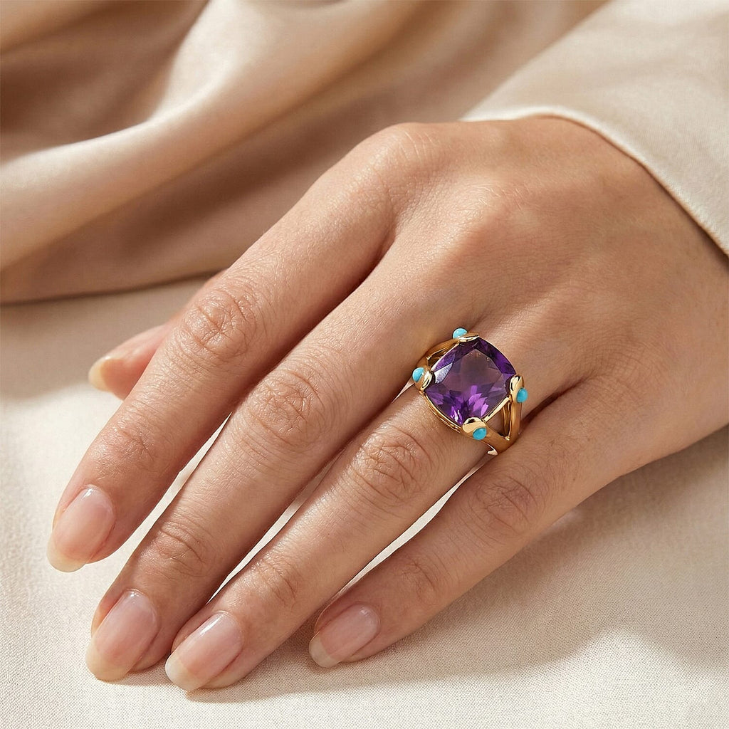 D'Joy African Amethyst & Sleeping Beauty Turquoise Cushion-Cut Solitaire Ring in Yellow Gold Plated Sterling Silver 5.51 Ct._8481048_1