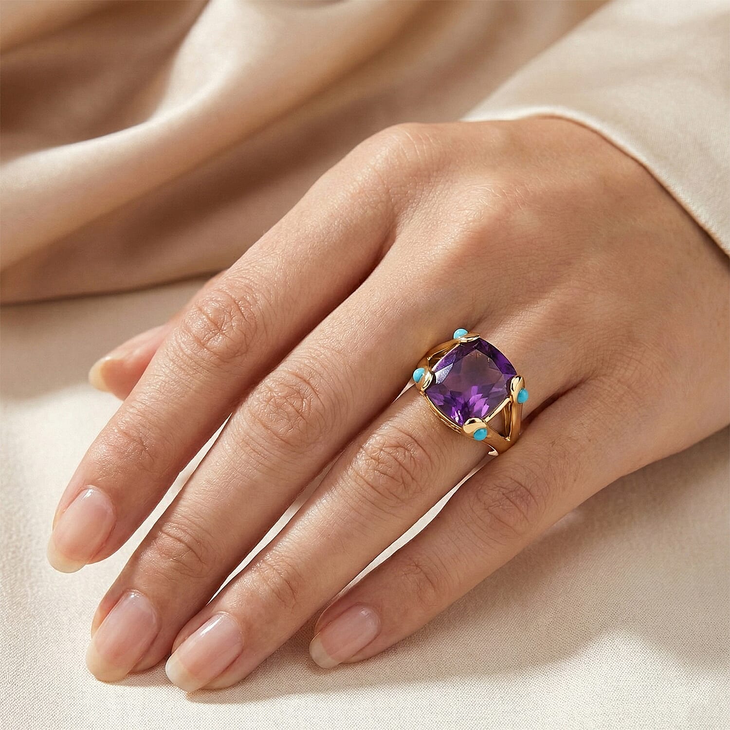 D'Joy African Amethyst, Sleeping Beauty Turquoise Cushion-Cut Solitaire Ring in Yellow Gold Plated Sterling Silver 5.51 Ct. V32538234 2