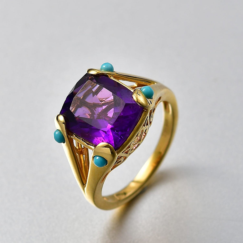 D'Joy African Amethyst & Sleeping Beauty Turquoise Cushion-Cut Solitaire Ring in Yellow Gold Plated Sterling Silver 5.51 Ct._8481048_2