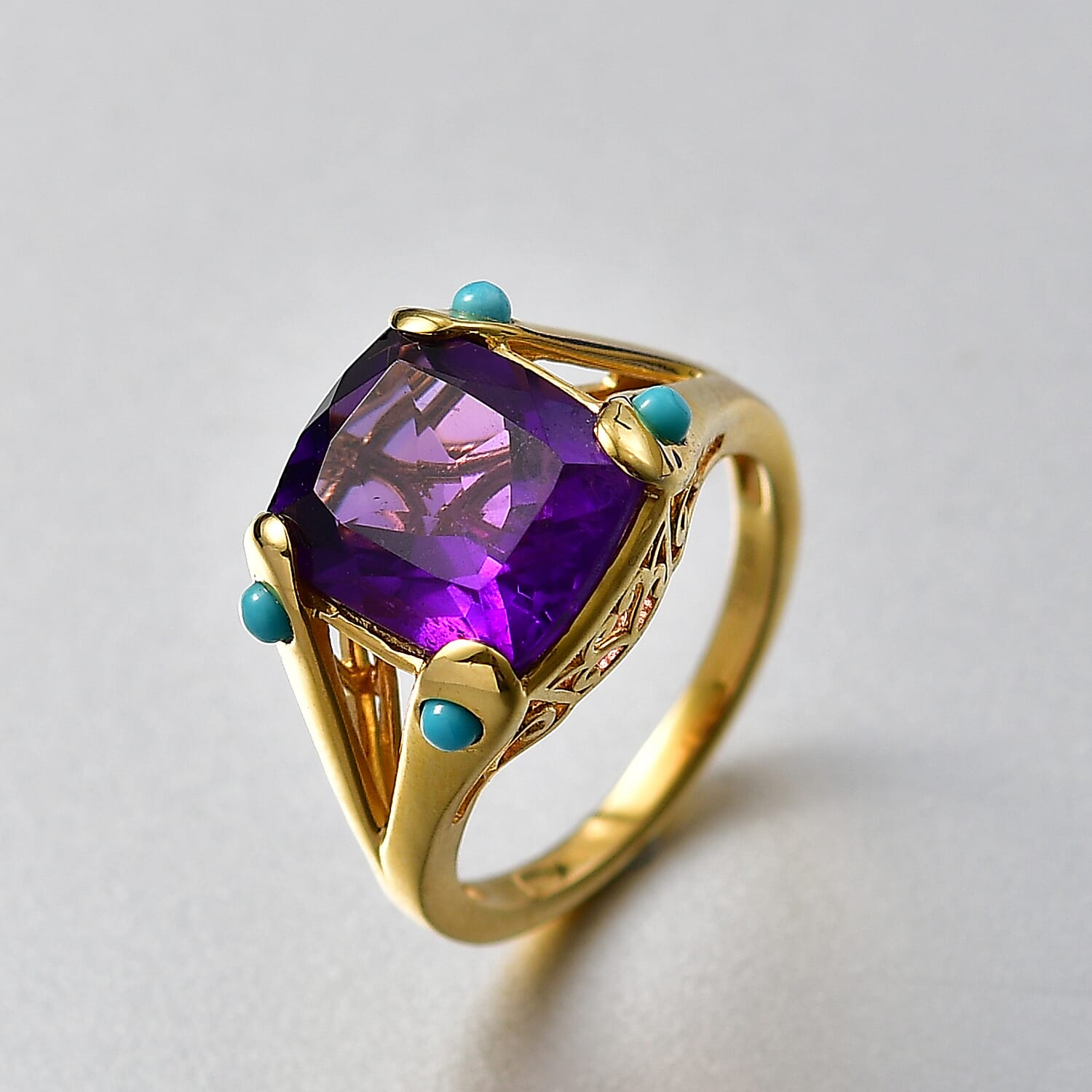 D'Joy African Amethyst, Sleeping Beauty Turquoise Cushion-Cut Solitaire Ring in Yellow Gold Plated Sterling Silver 5.51 Ct. V32538234 3