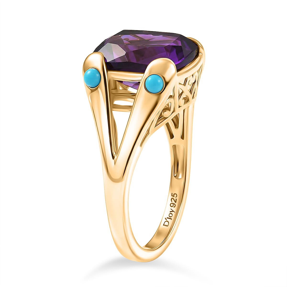 D'Joy African Amethyst, Sleeping Beauty Turquoise Cushion-Cut Solitaire Ring in Yellow Gold Plated Sterling Silver 5.51 Ct. V32538234 4